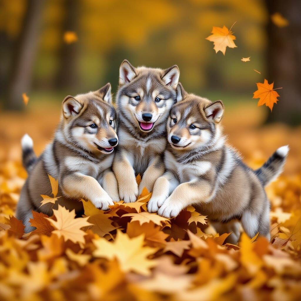 Three Wolf Puppies Playfully Jumping in Autumn Leaves