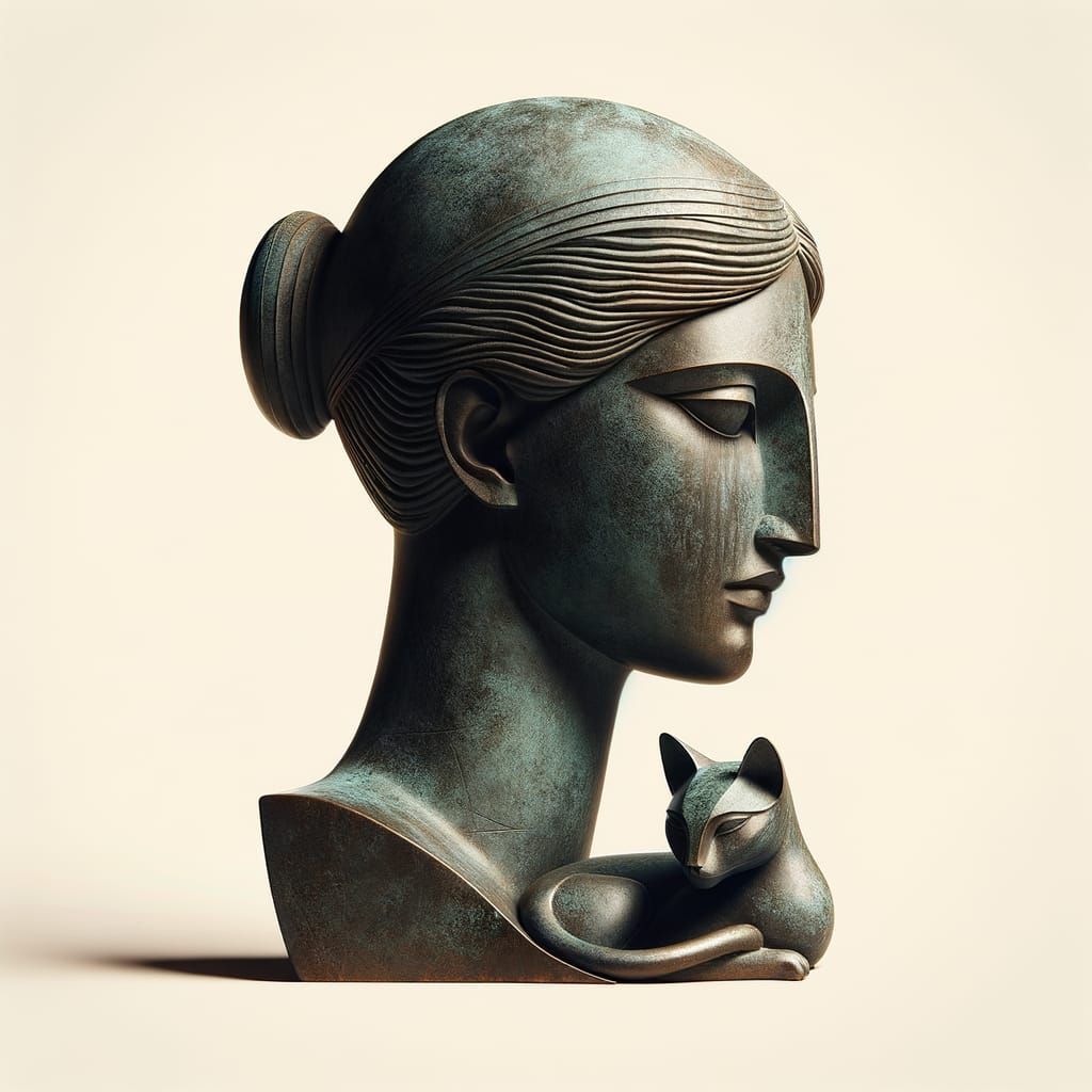Bronze Sculpture of Cycladic Woman with Cat