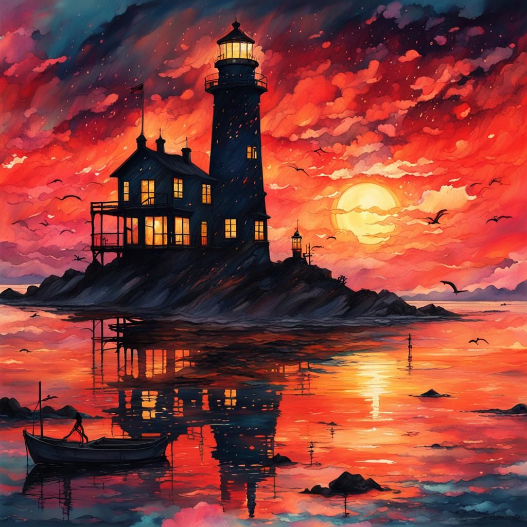 Sunset Lighthouse Double Exposure in Watercolour Style