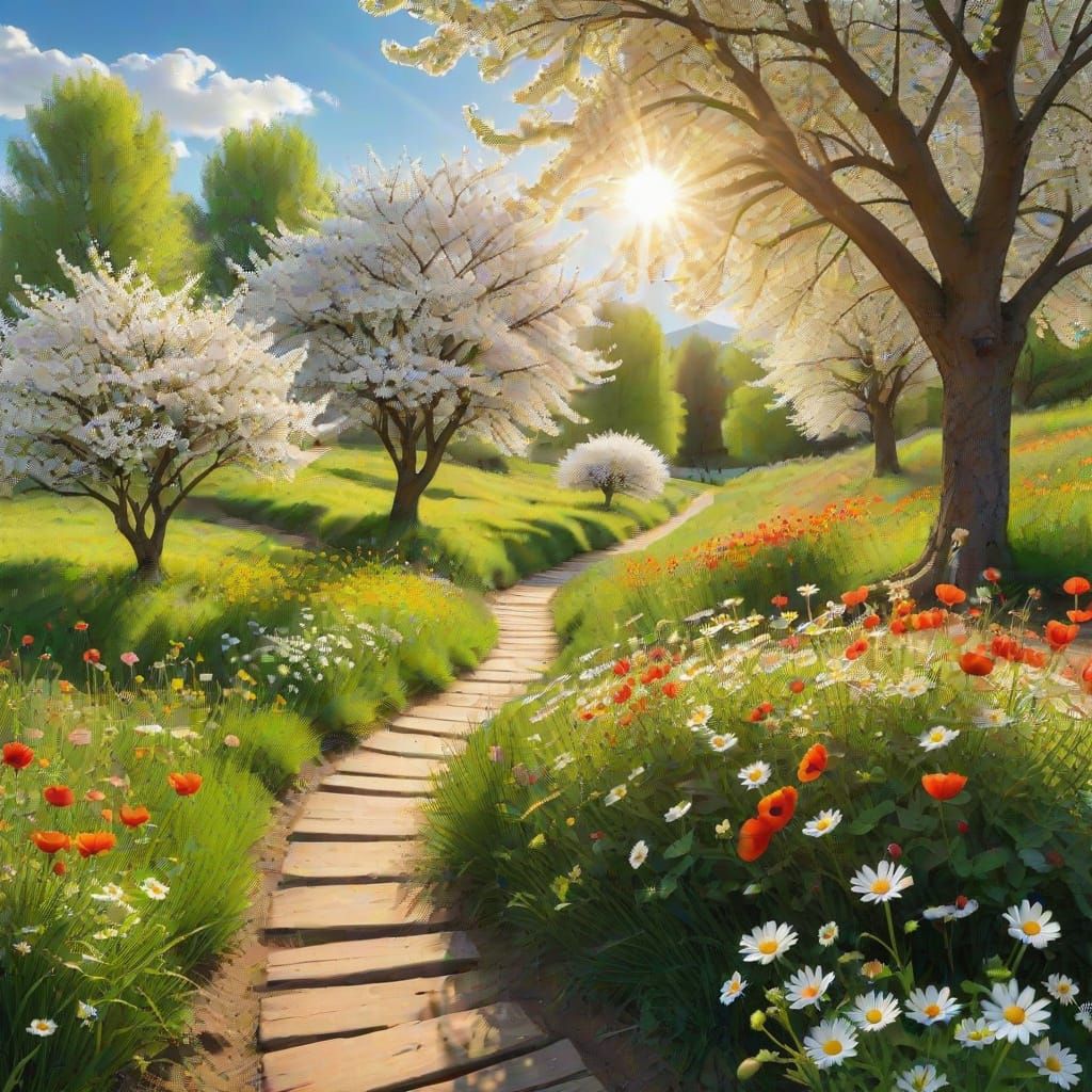 Spring Meadow Blooms with Vibrant Wildflowers and Warm Sunsh...