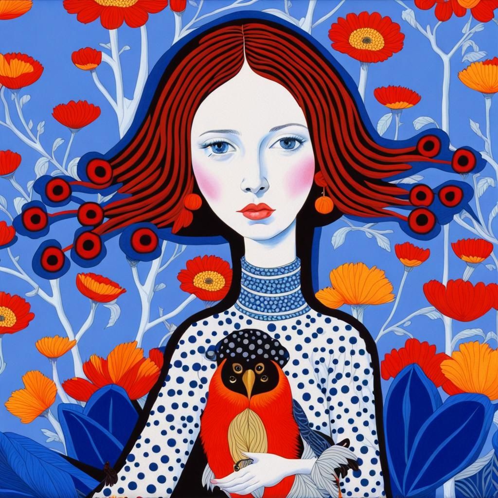 Woman with Bird and Flowers in Pop Art Style