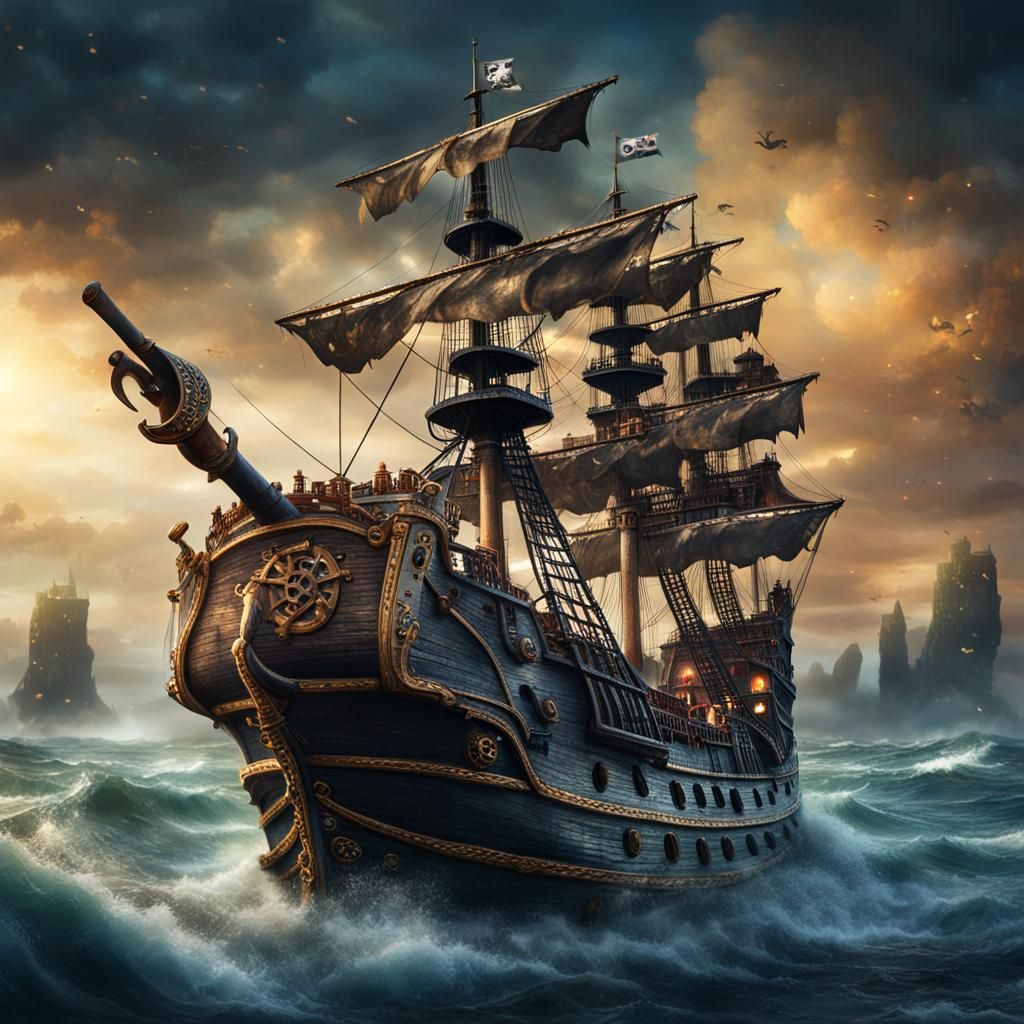 Pirate Ship at Sea in Hyperrealistic Style