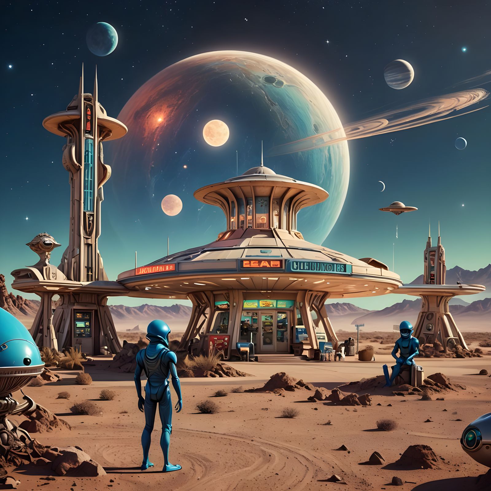 Art Deco Galactic Gas Station at Night