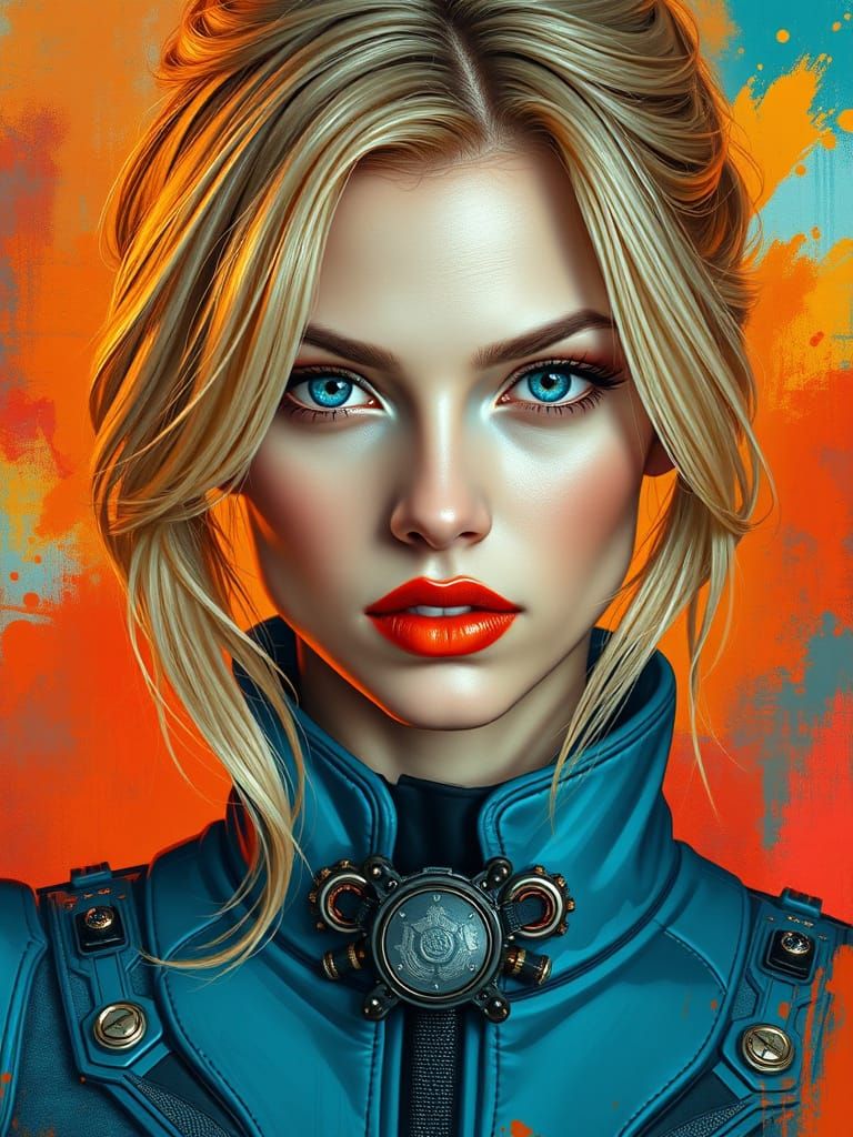 Ethereal Cyberpunk Goddess with Vibrant Golden Hair and Inte...