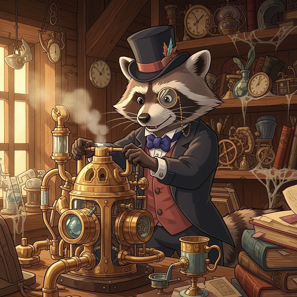 Steampunk Raccoon Inventor in Cozy Attic Scene