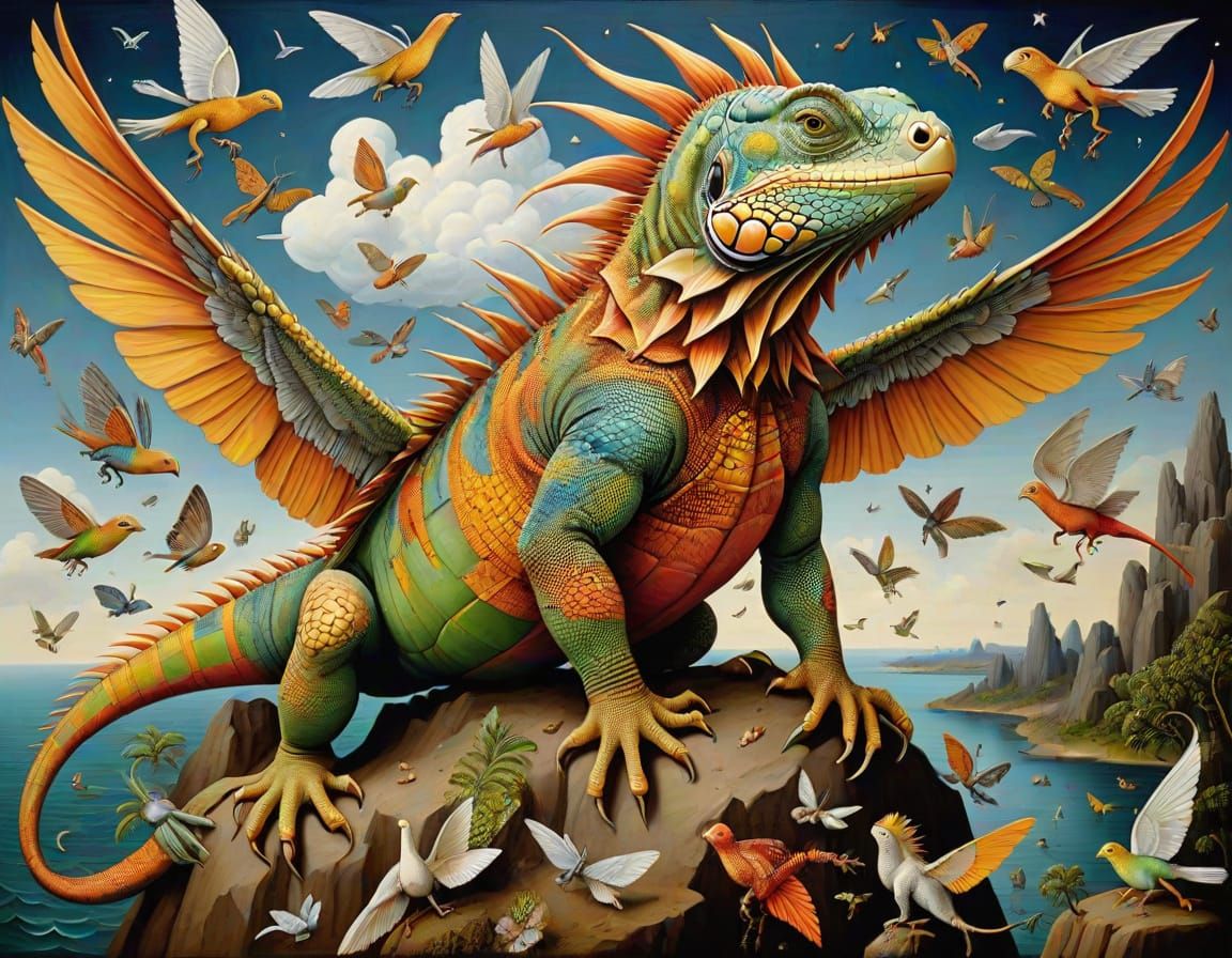 Surreal Flight to Star-Stained Heights: Oil Painting