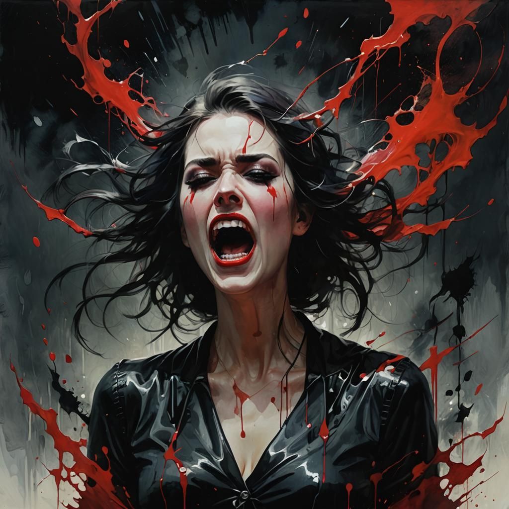 Emotional Inkpunk Portrait of Woman Screaming in Terror