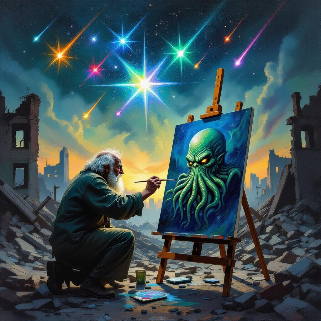 Man Paints Cthulhu as Colorful Stars Fall