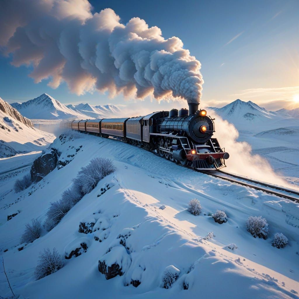 Steam Train Crosses Frozen Mountain in Falling Snow