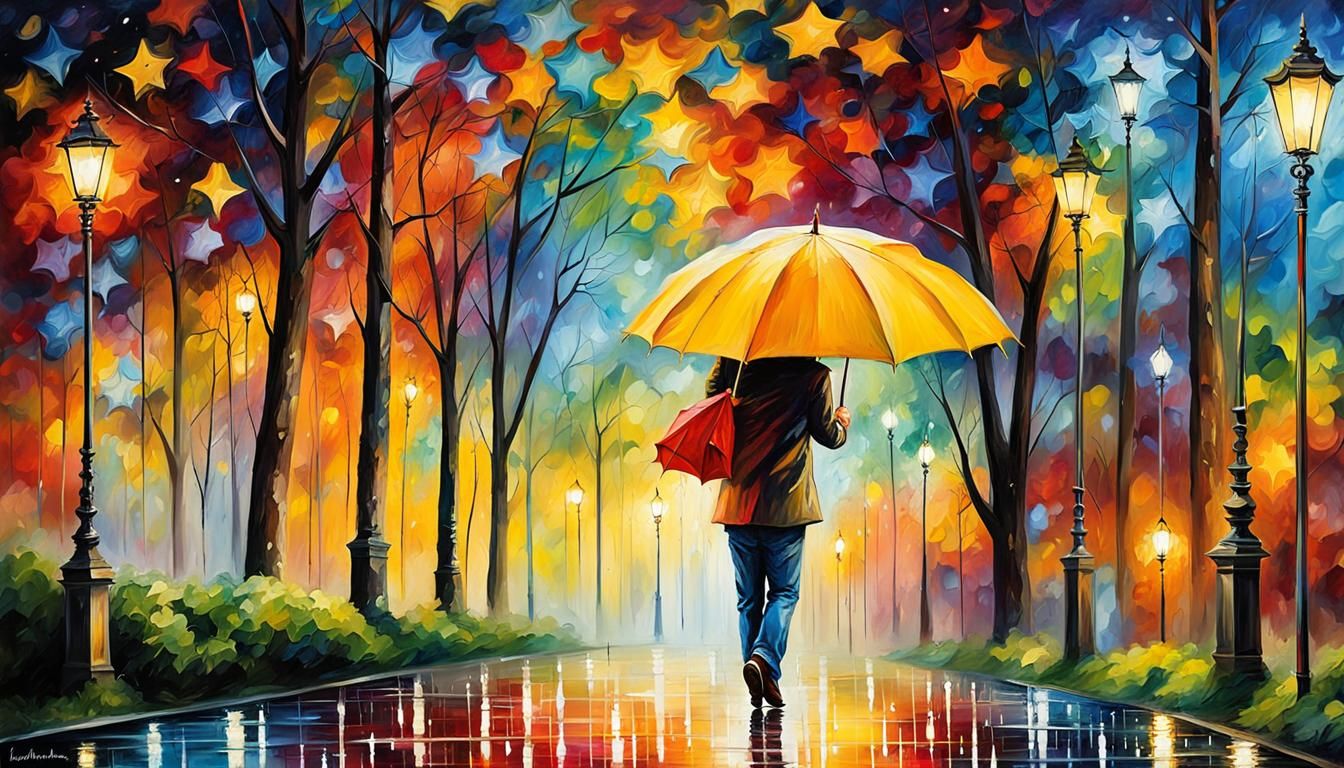 Rainbow Rain with Yellow Umbrella, Expressionist Art