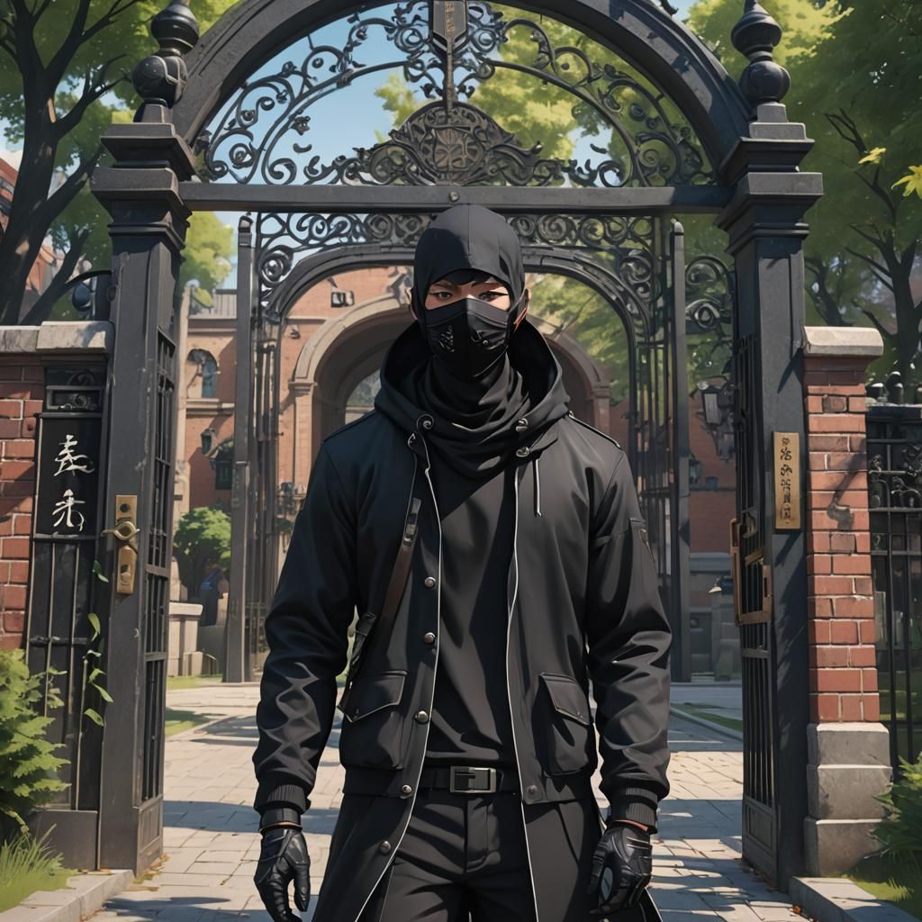 Masked Figure Near College: 3D Anime Art