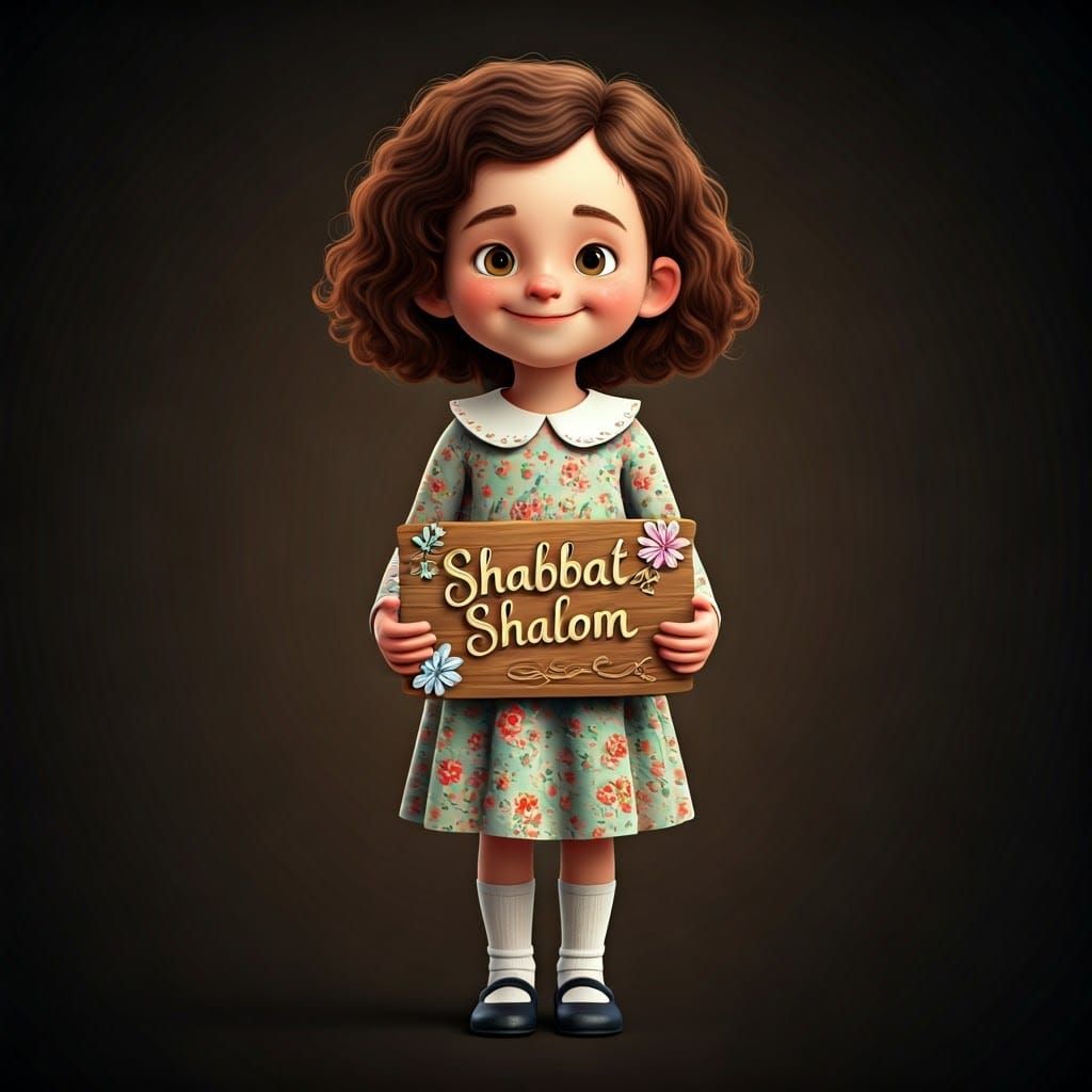 Whimsical 3D Girl in Festive Floral Dress with Wood Sign