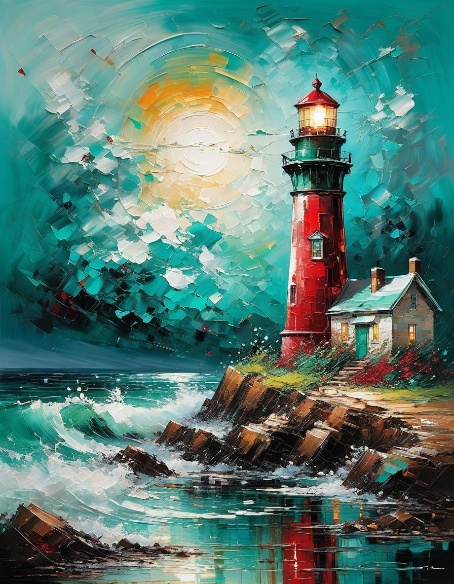 Lighthouse in Teal, Crimson & Emerald Abstract Art