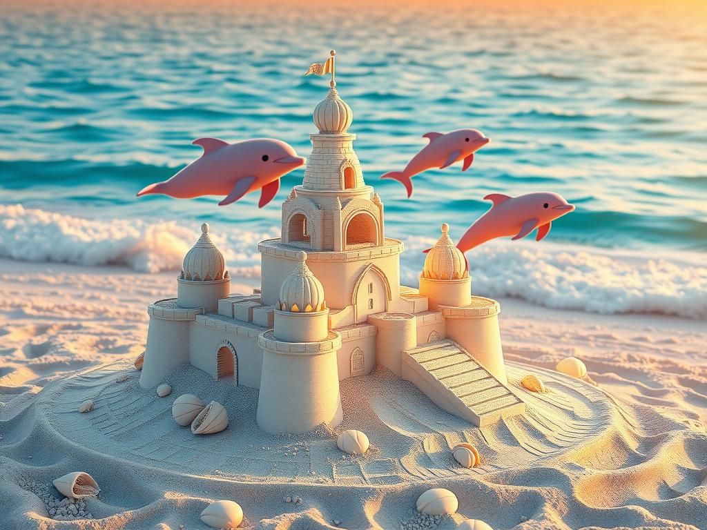 Luminous Sandcastle Sculpture at Sunset