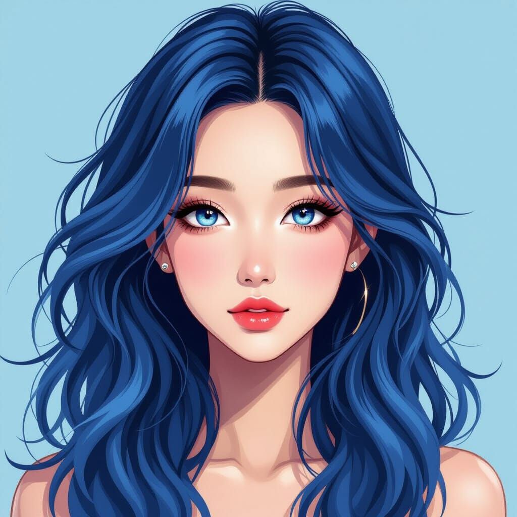 Anime Style Portrait of Asian Woman with Blue Hair