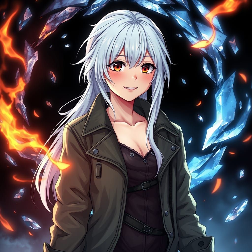 Anime Woman with Fire and Ice in Cel-Shaded Style