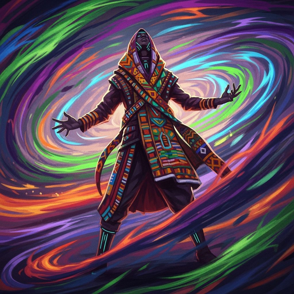 Ekwensu: Mystical Figure in Swirling Colors