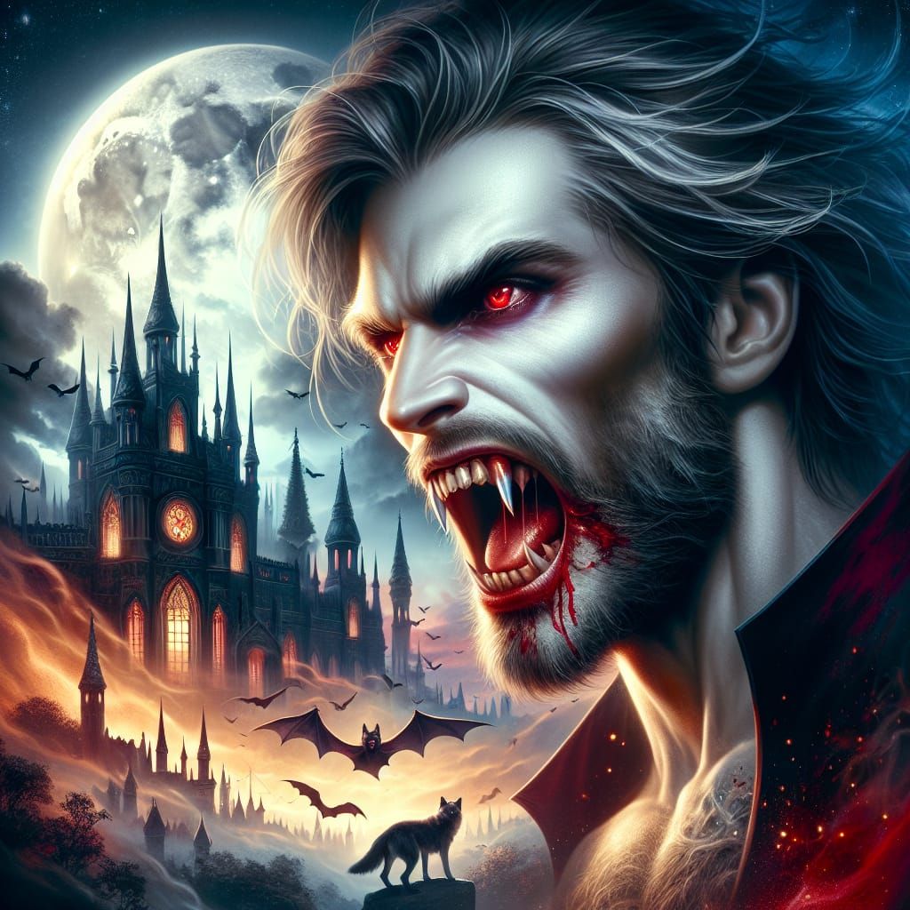 Handsome Vampire with Bloody Fangs in Chiaroscuro Night