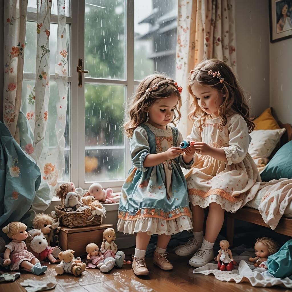 Girls Playing Dolls: Abstract Art with Fine Details