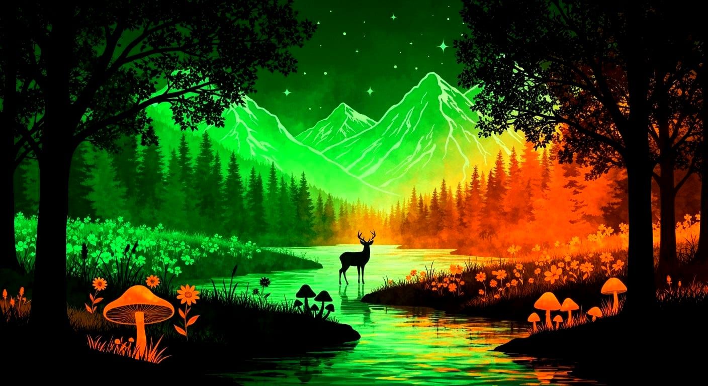 Neon River Landscape in Double Exposure Style