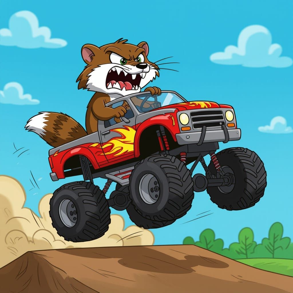 Cartoon Weasel Stunt in Monster Truck