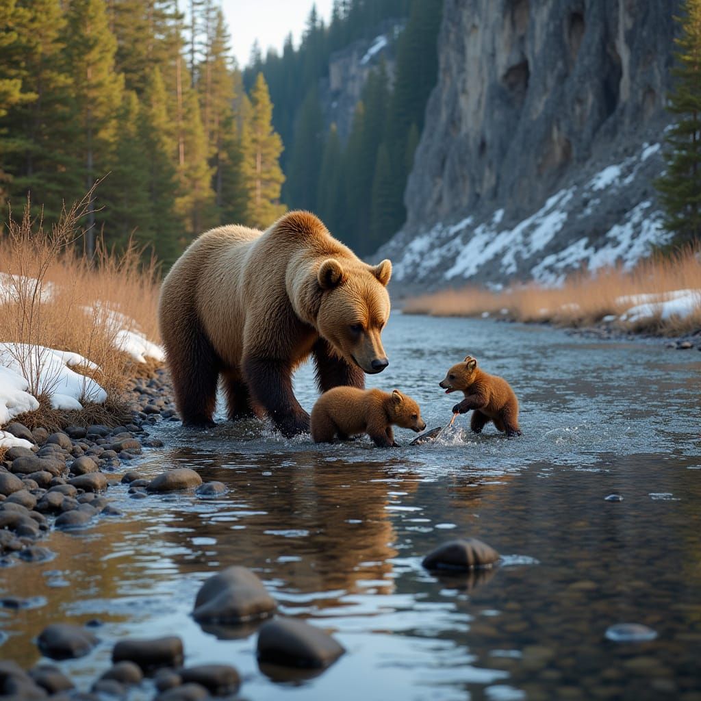 Grizzly Bears Catching Trout in Golden Hour Brook