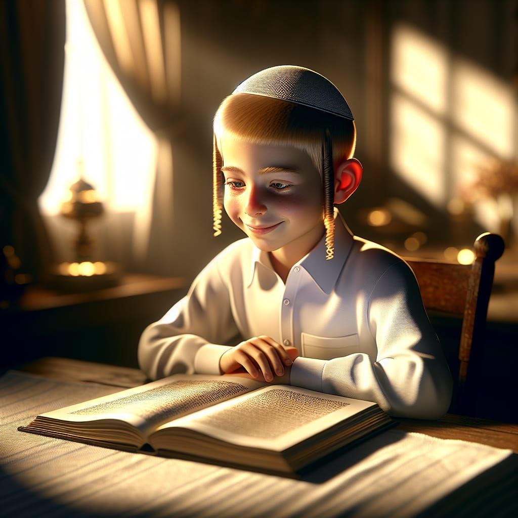 Serene Hasidic Boy Studies in Warmly Lit Home