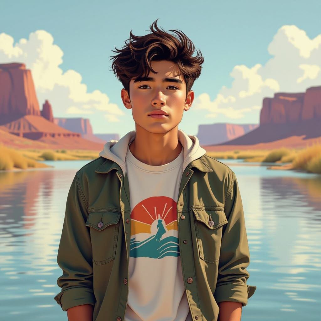 Navajo Teenager at Water's Edge in Vivid Sunlight