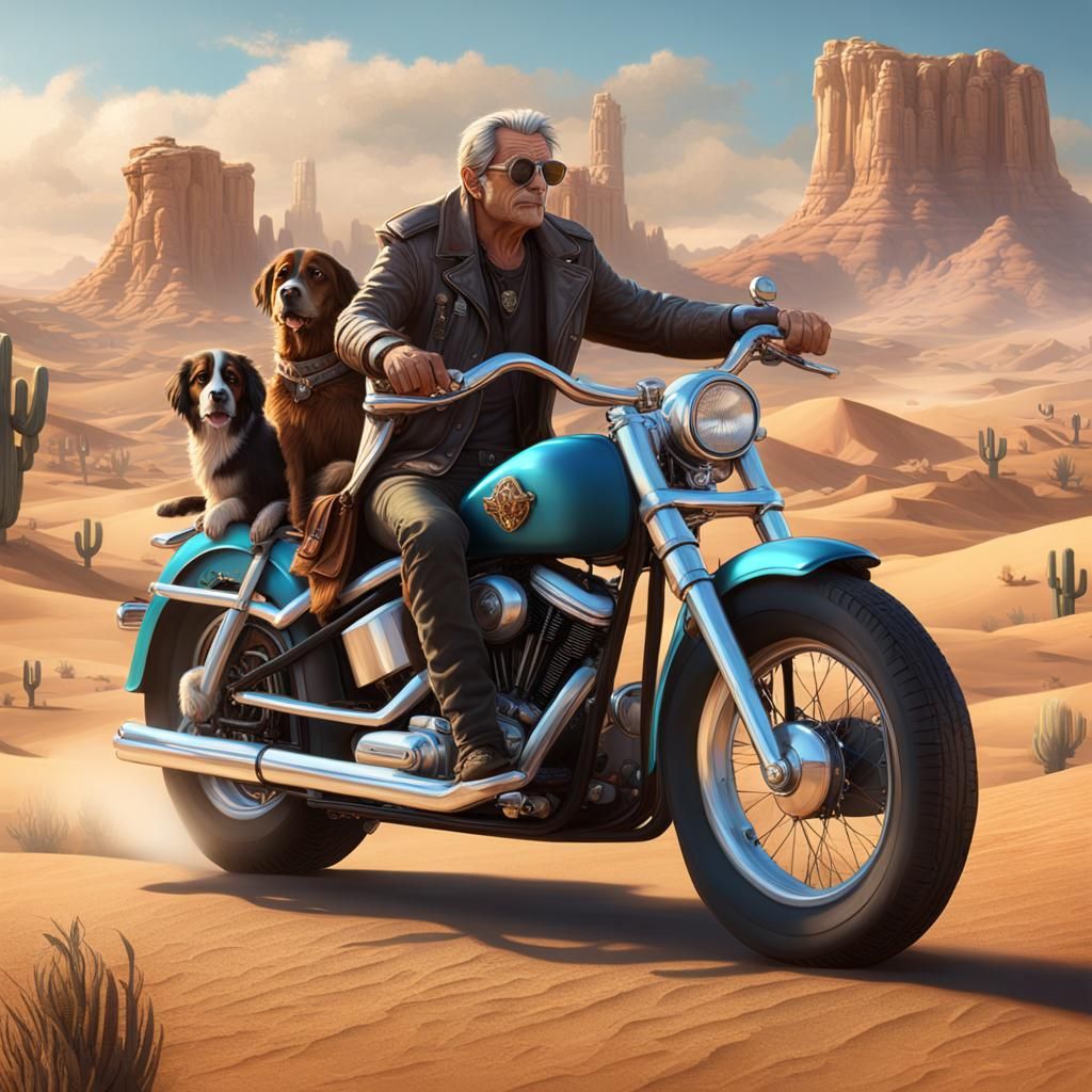 Fonzi Rides Harley in Desert with Dog