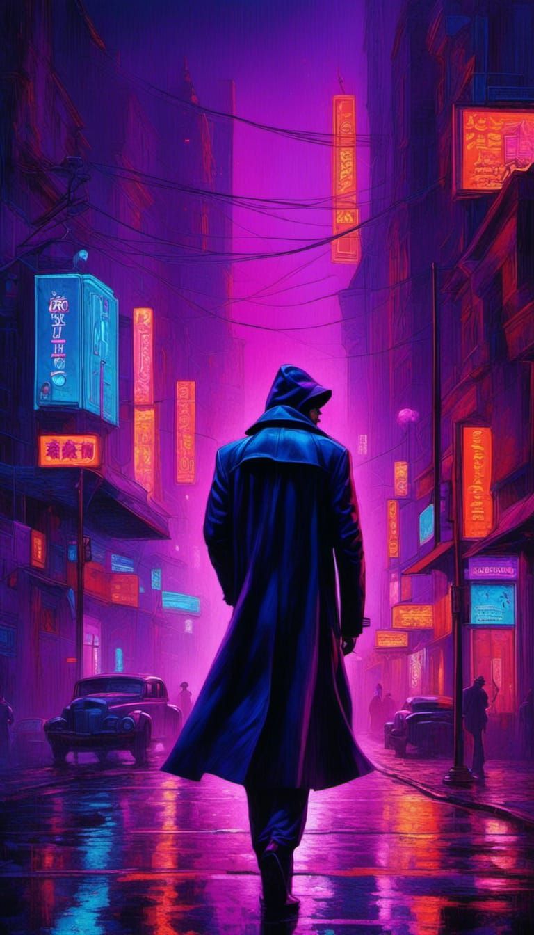 Neon Cityscape with Lone Figure in Cyberpunk Style