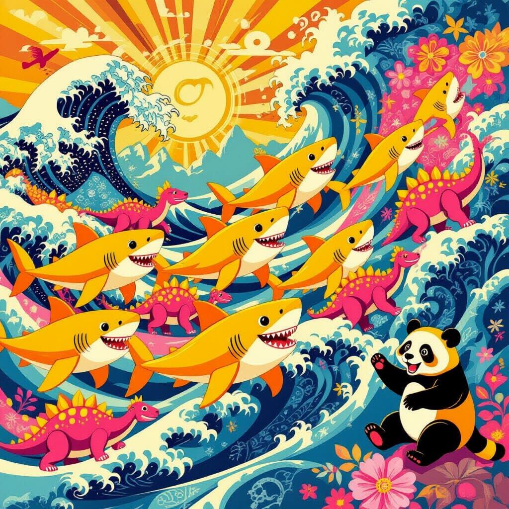 Joyful Parade of Sharks, Dinosaurs, and Pandas Dancing