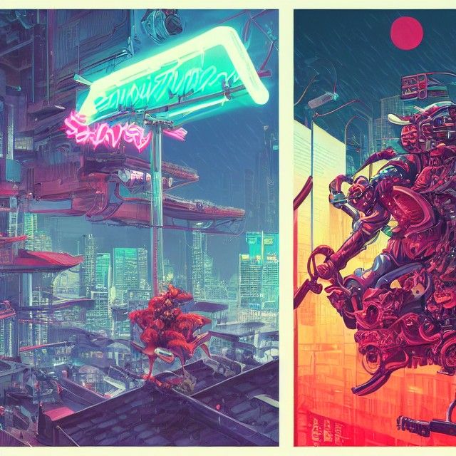 Samurai Cat vs Yokai in Neon Synthwave Style