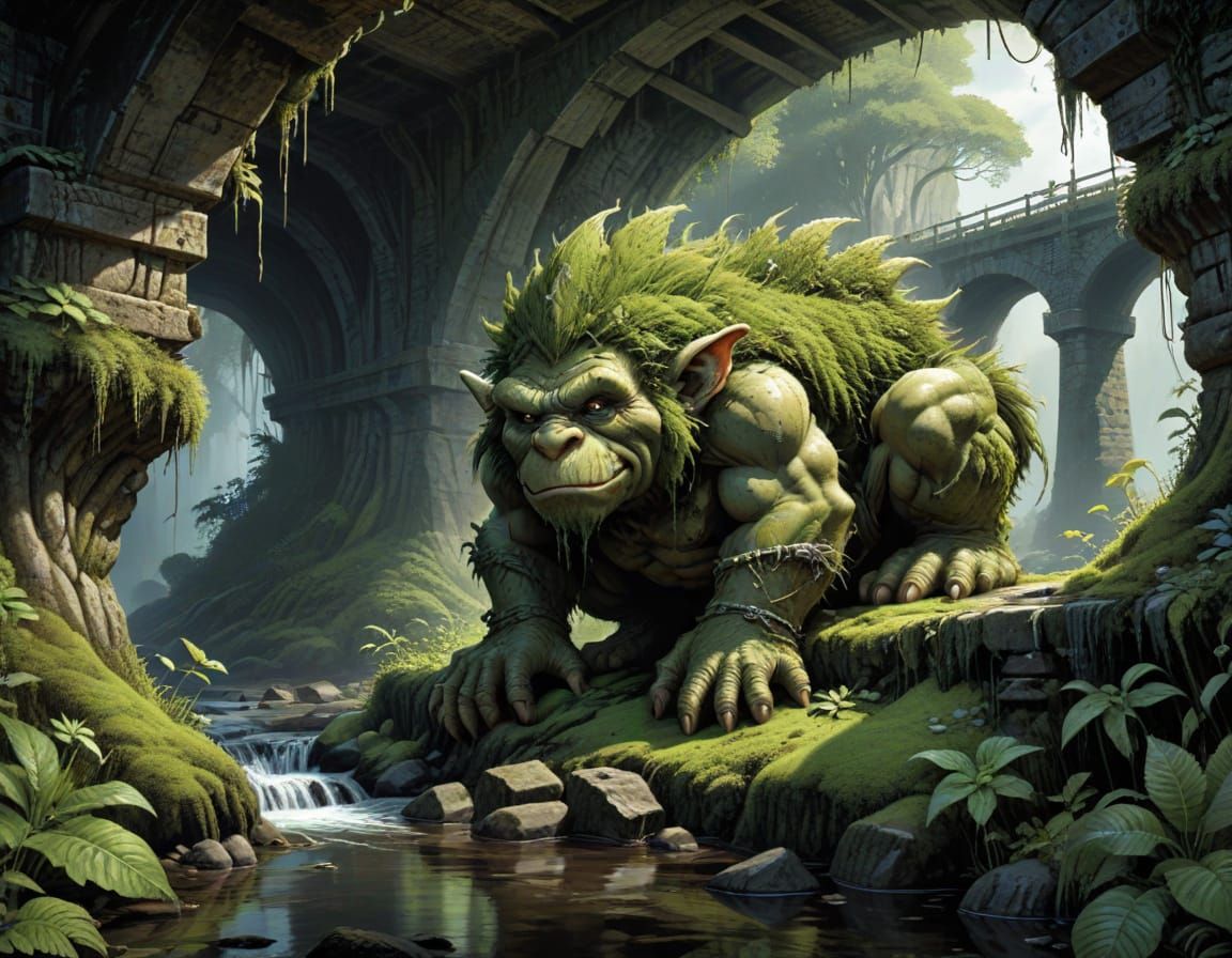 Moss-Covered Troll Hiding Under Bridge