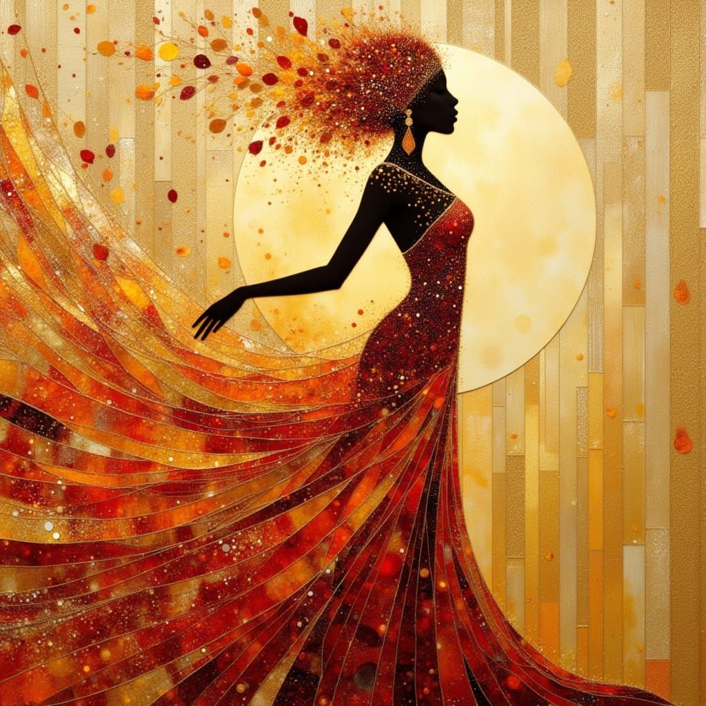 African Princess Silhouette with Hearts in Encaustic Style