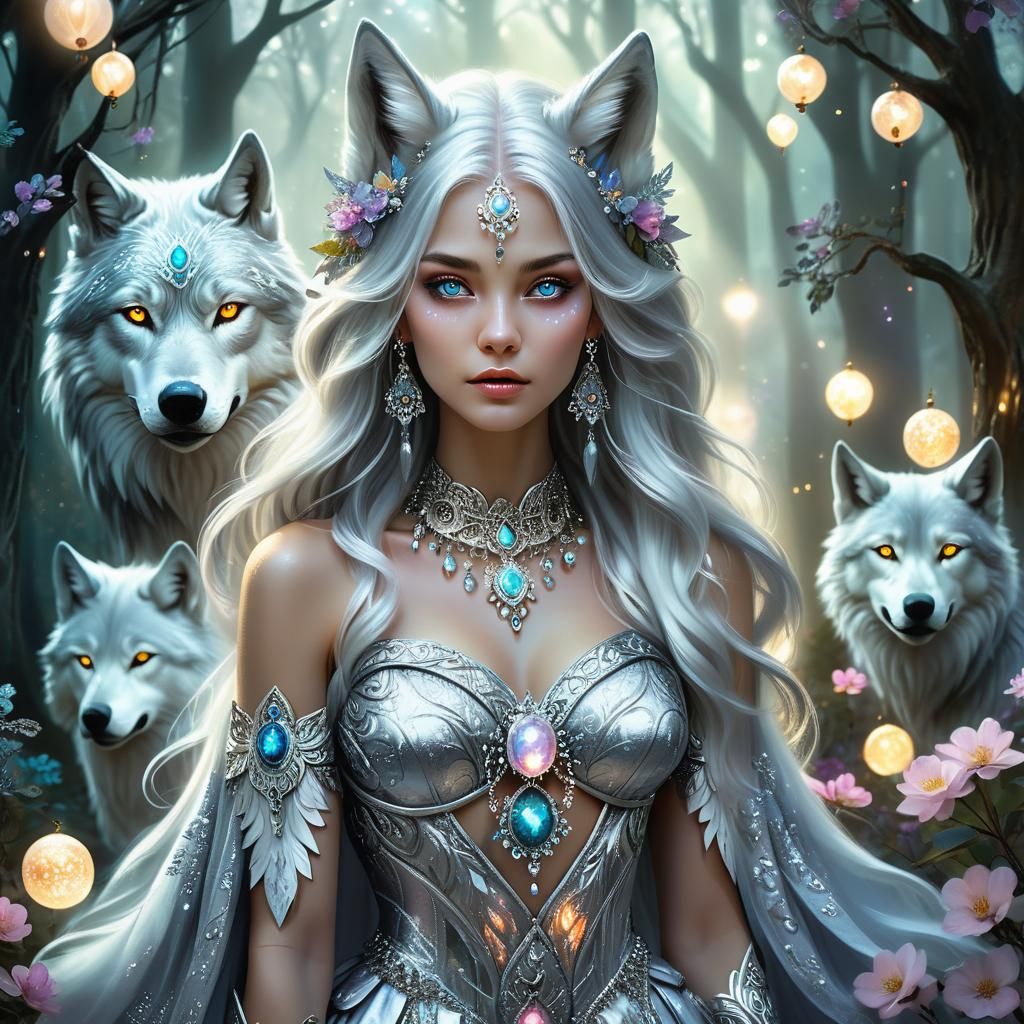 Silver Wolf Woman in Enchanted Forest, Fantasy Art