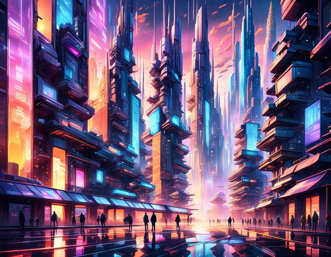 Futuristic High-Tech City at Dawn in Anime Style