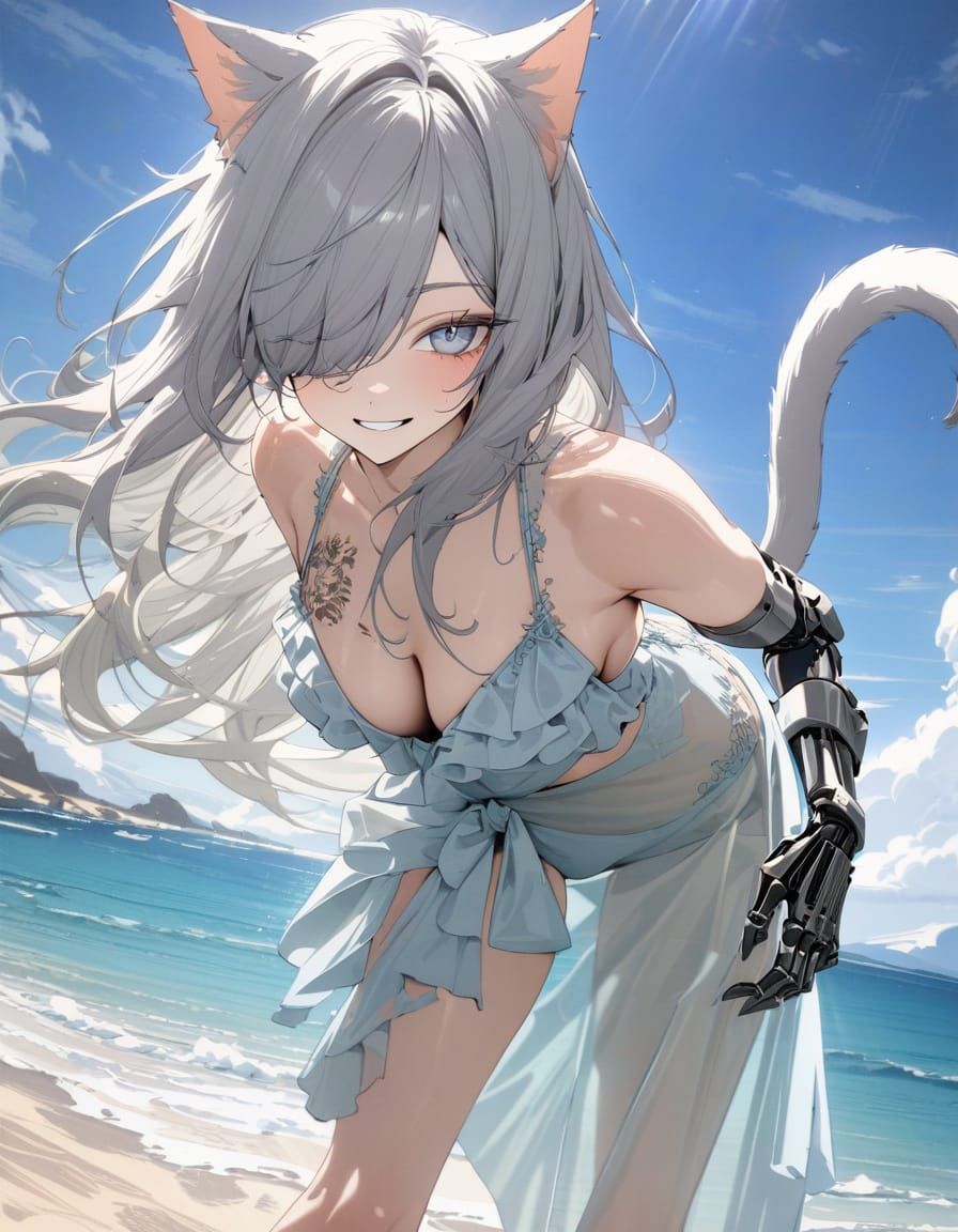 Cyberpunk Catgirl Goddess at Sunset