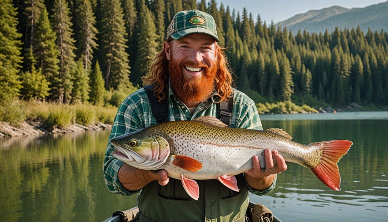 Fisherman Catches Giant Trout on Sunny Lakeside