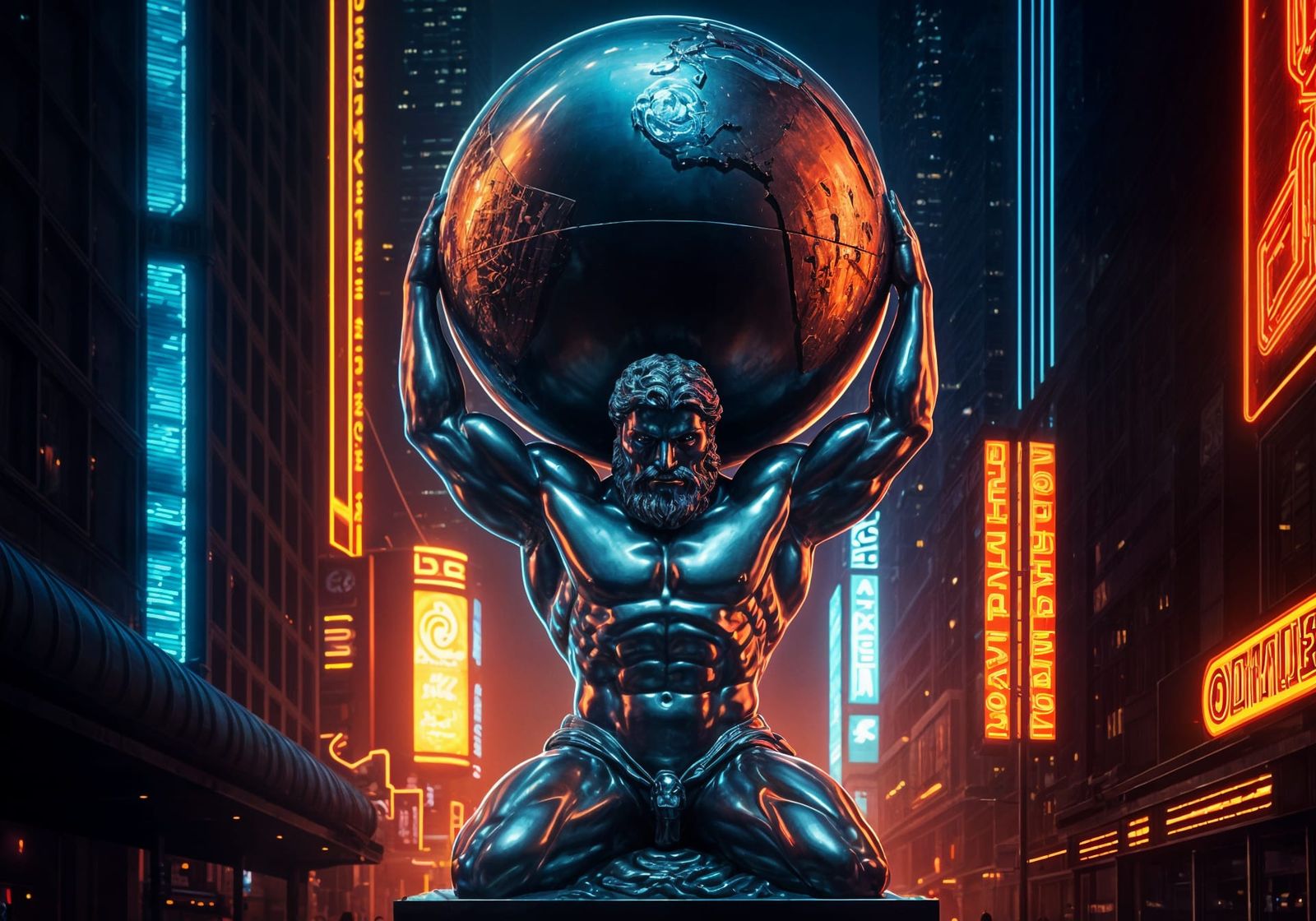 Hercules Holds Chrome World Above Futuristic Time Square