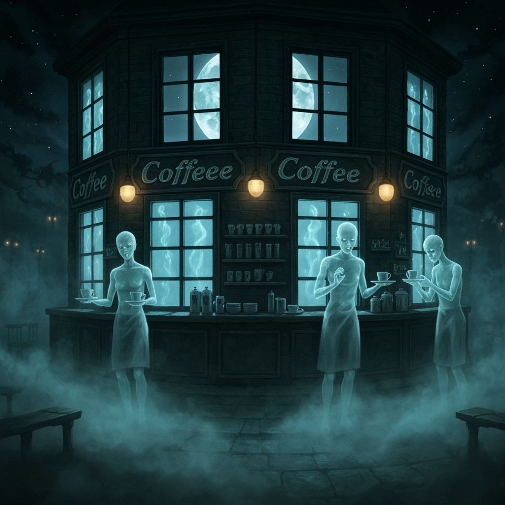 Eerie Coffeehouse with Spectral Baristas Under Full Moon