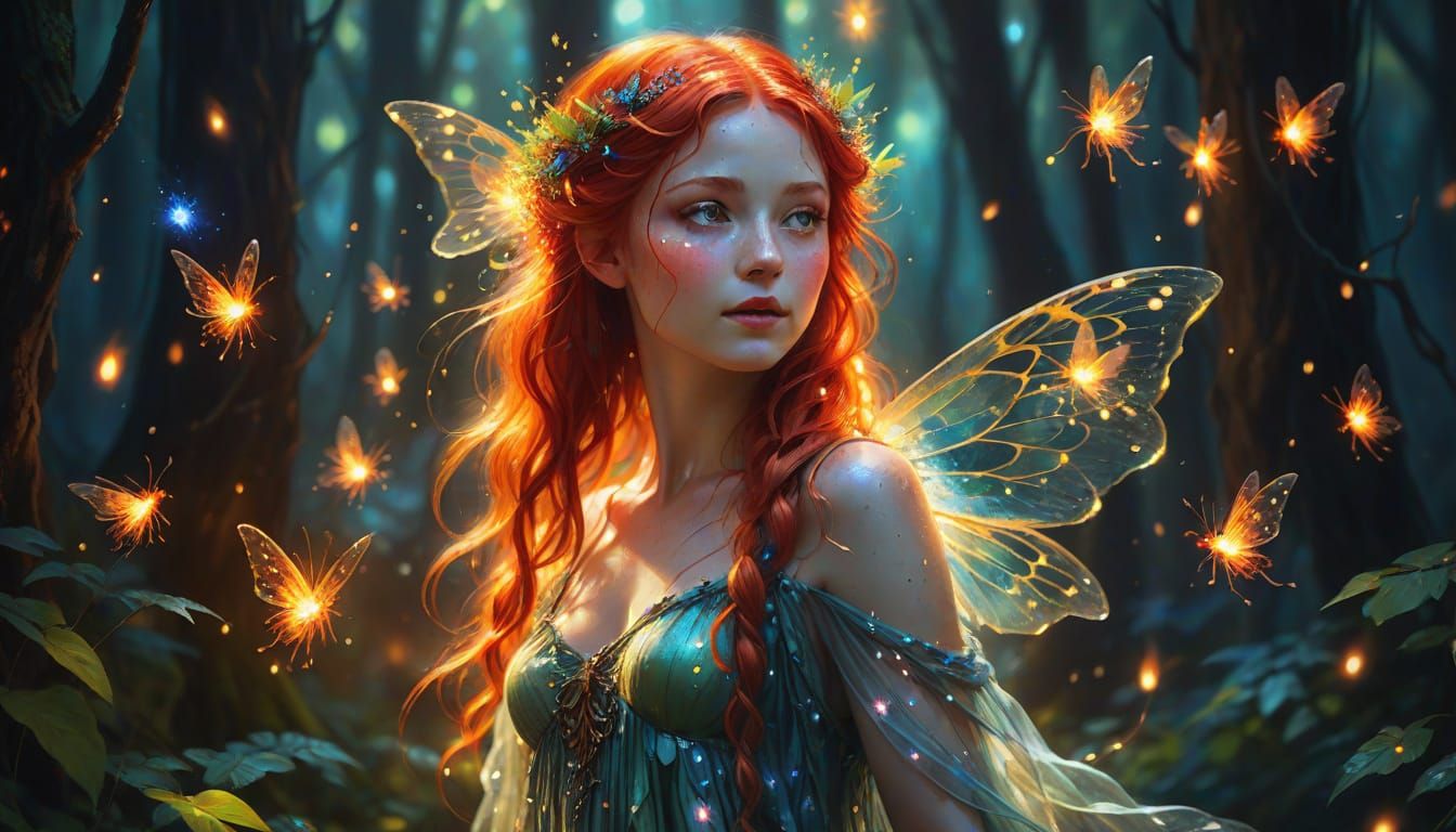 Ethereal Forest Nymph with Fireflies, Oil Painting