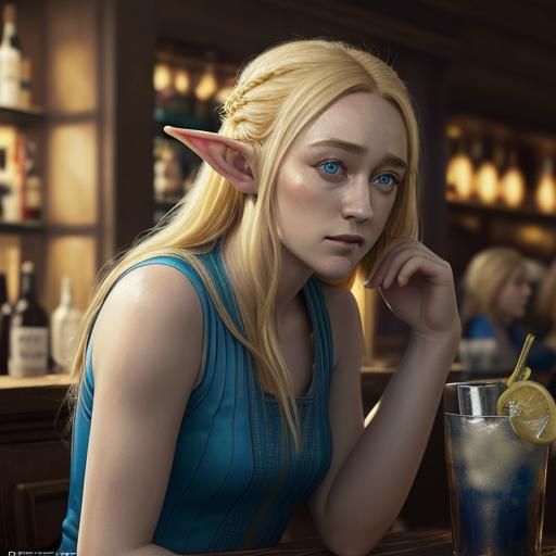 Hyperrealistic Elf Woman in Bar with Dramatic Lighting