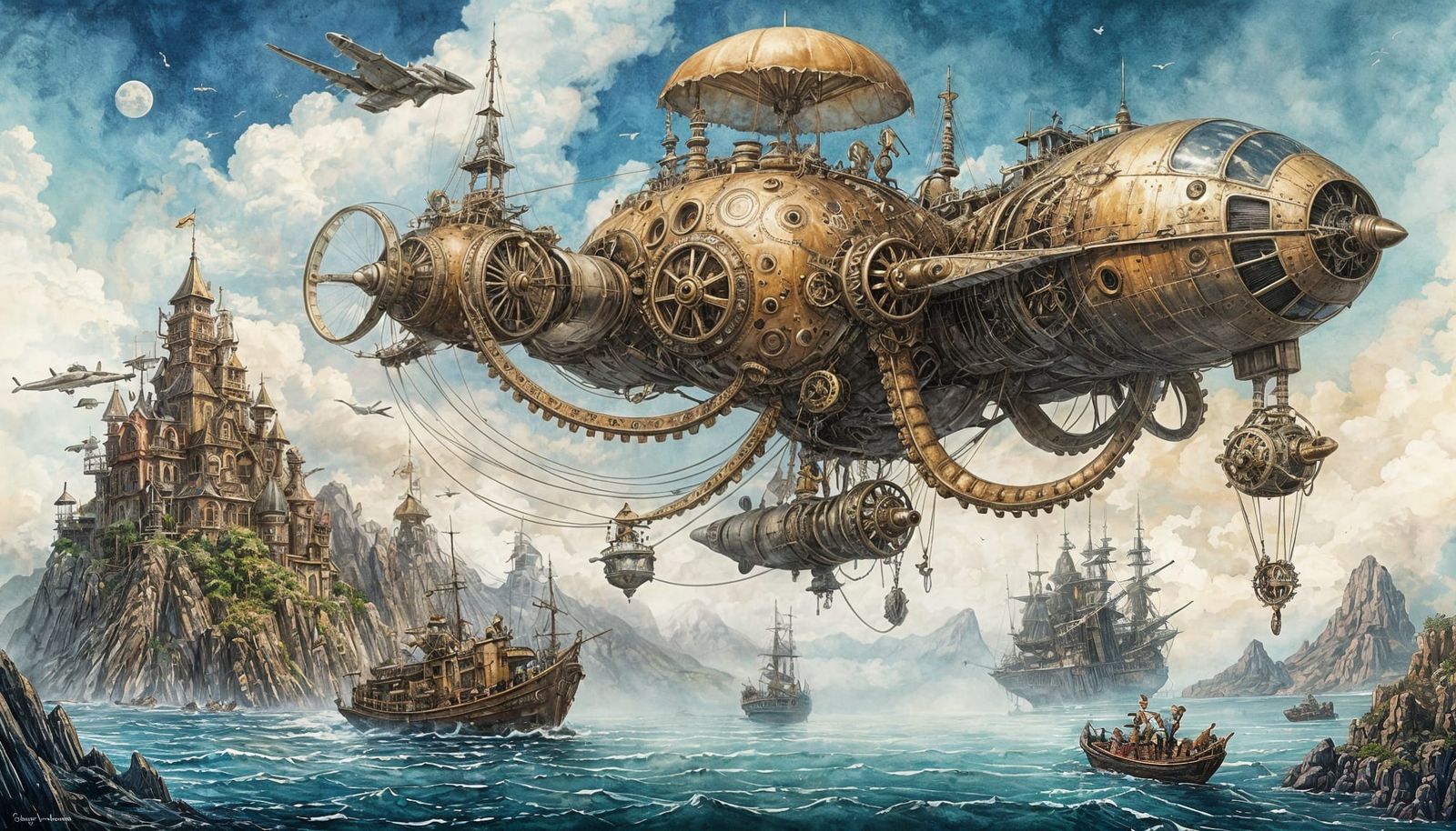 Octopus Pilot in Fantasy Aircraft, Watercolor and Ink