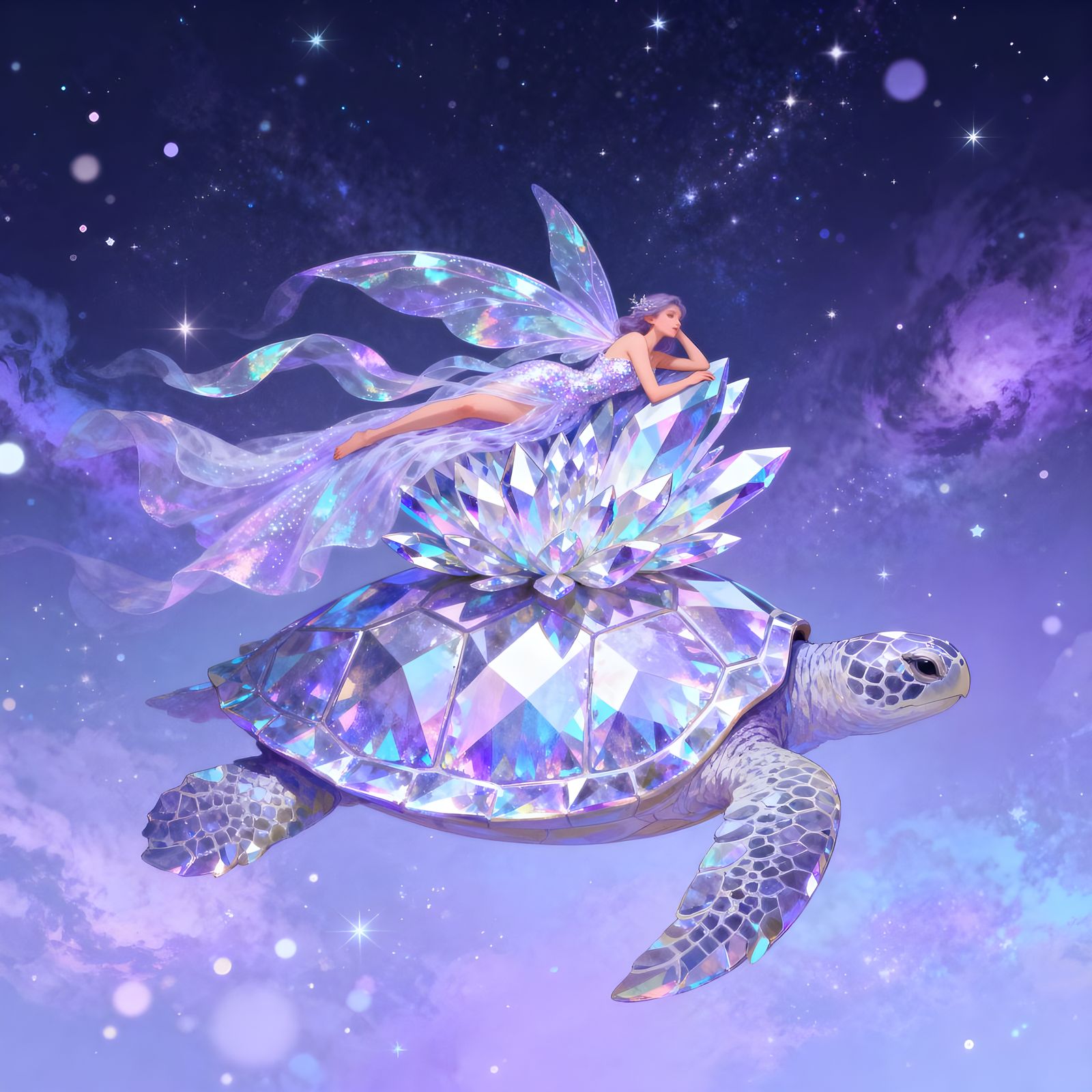 Fairy Stargazing on Crystal Turtle in Cosmic Space