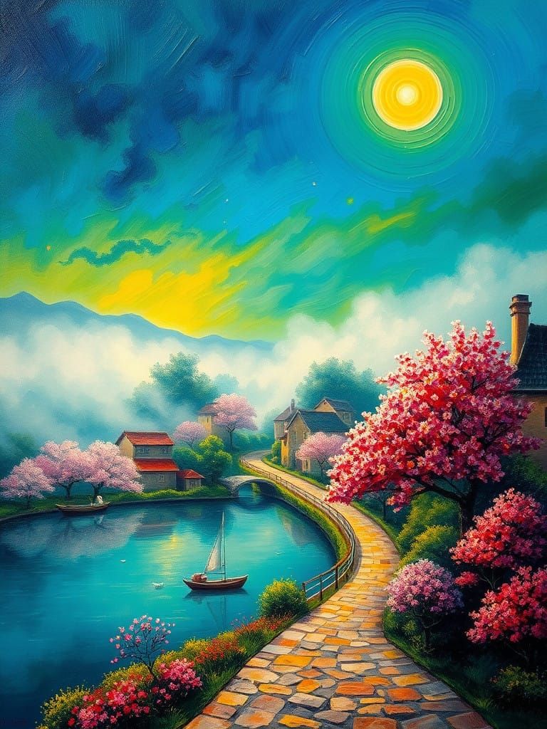 Whimsical Village Scene in Misty Paradise