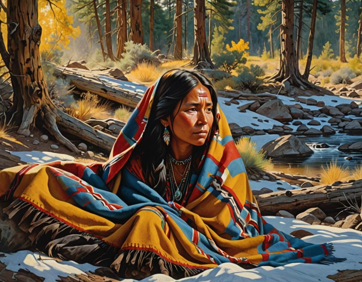 Native American Maiden in Serene Western Landscape