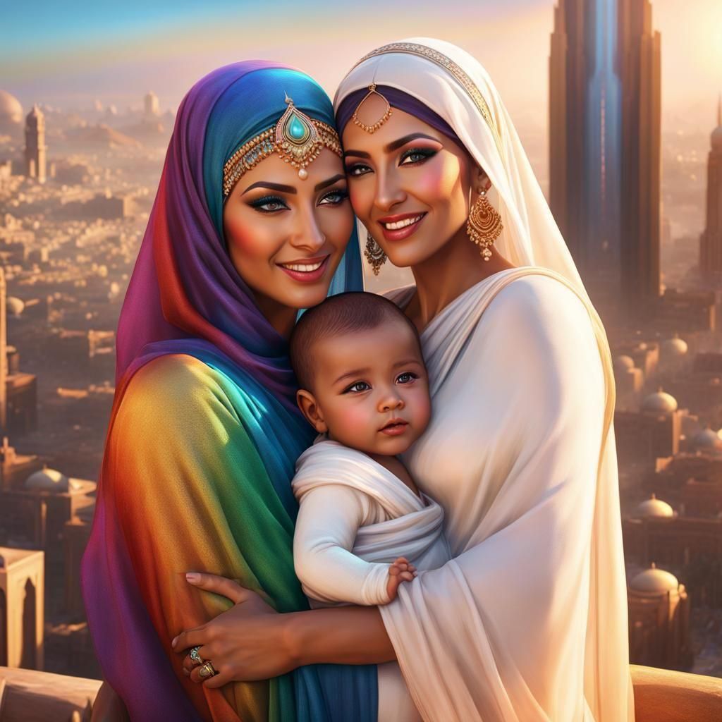 Arabian Goddesses Cradling Infant: Masterpiece in 8K