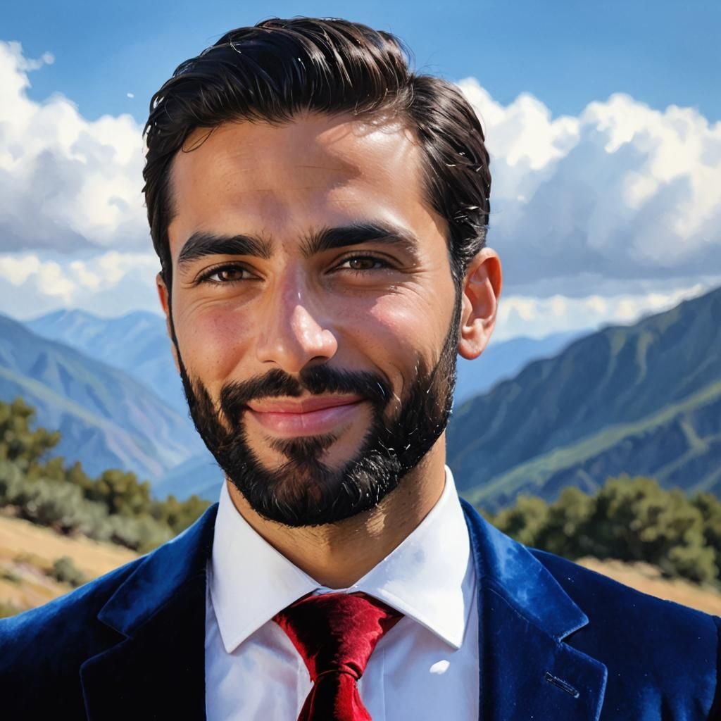 Smiling Arab Man in Velvet Suit, Neo-Impressionist Oil Paint...