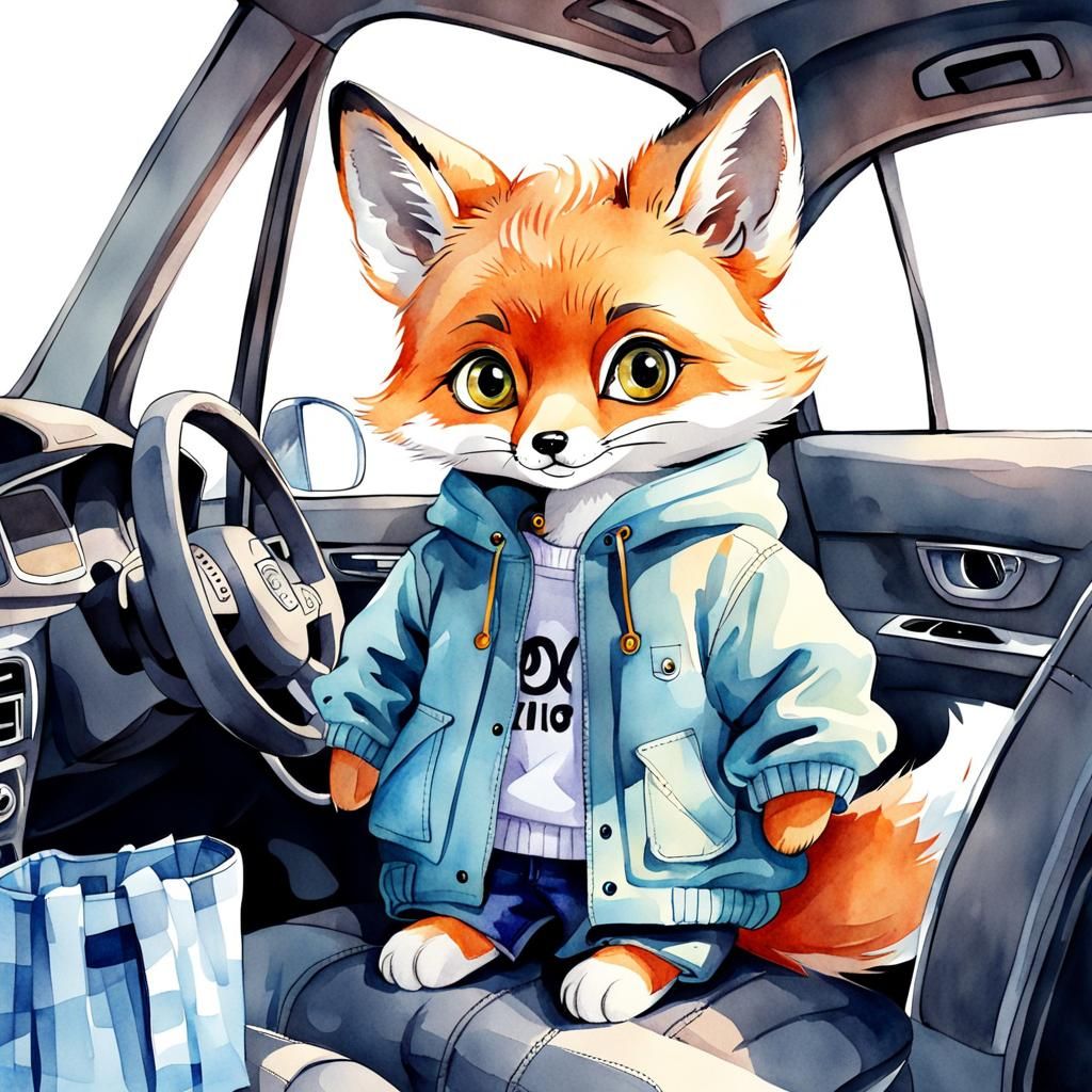 Cute Fox in Car, Watercolor Cartoon Illustration