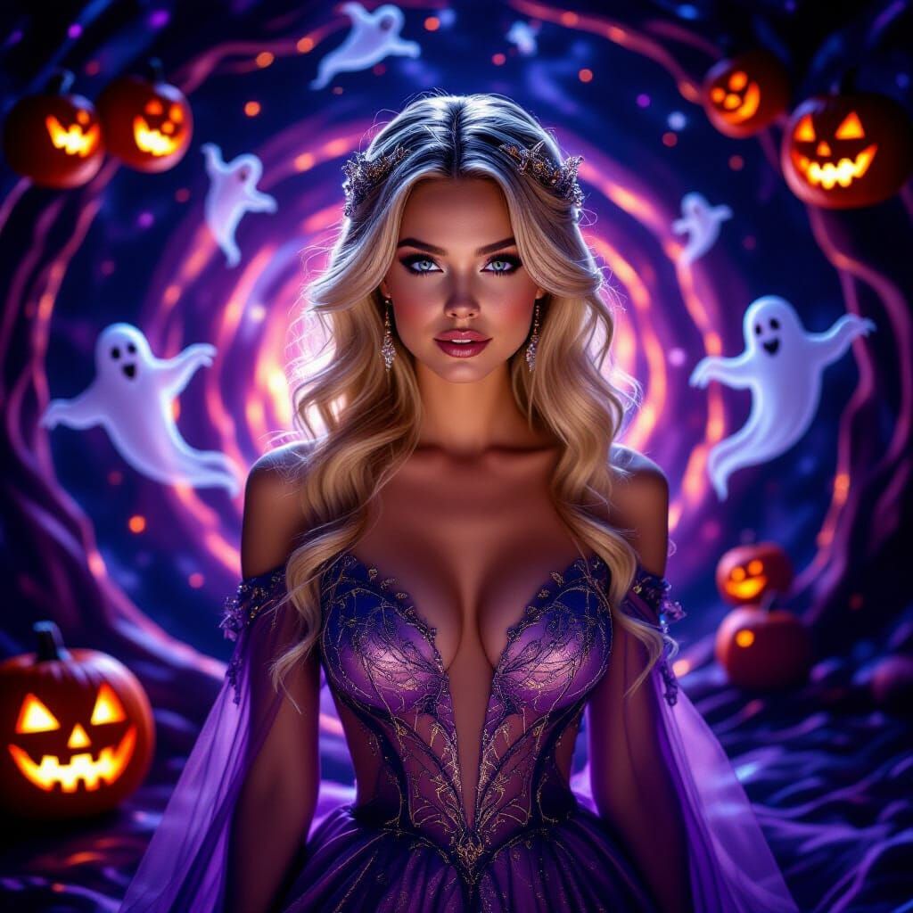 Cosmic Blonde Woman in Spectral Gown Amidst Halloween Magic